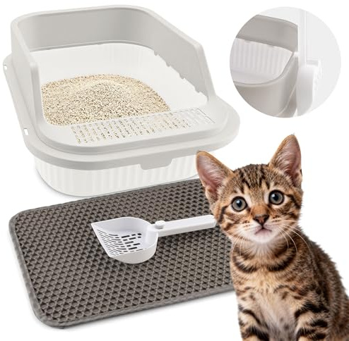 Foymlon Bac Litiere pour Petit Chat, Ensemble de Maison de Toilette Chat Comprend Une Pelle et Un TapisLitiere, Bac à Litière avec la Conception de la Clôture Surélevée pour Éviter Les Éclaboussures