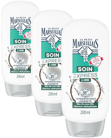 Le Petit Marseillais | Soin Express 1 Min Hydratation Légèreté Eau de Coco Bio (flacon de 200 ml) – Après-shampooing pour cheveux déshydratés – 95% d'ingrédients d'origine naturelle (Lot de 3)