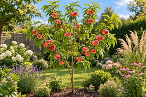 Plattpersika Tabacchiera – Prunus persica platt persikoträd | tallriksparrika fruktträd 100 – 140 cm | Söta och aromatiska frukter, vinterhårda, rika, perfekt för trädgård och hink