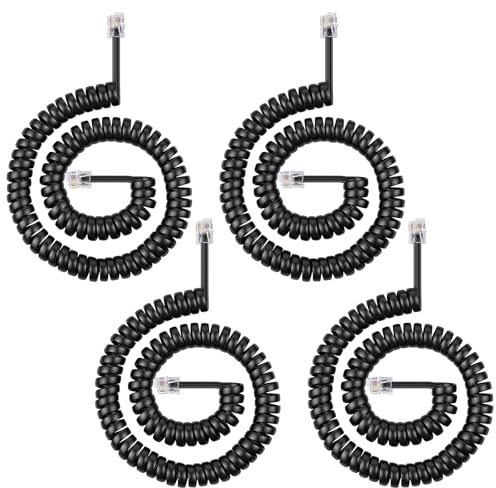AOOSU Cavo Telefonico Spirale, 4pcs Cavo a Spirales, 4m Cavo a Spirale per Cornetta Telefonico, 4P4C Spina RJ9/RJ10/RJ22, Connettori Placcati Oro, per Casa e Ufficio (Nero)