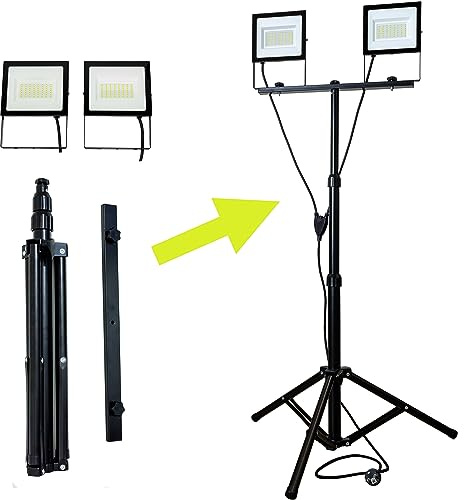 Doppio Faretto Led Da Lavoro Su Treppiede Telescopico - Treppiede Robustissimo e Luce da Stadio, 2x50Watt unico cavo e unica spina - Colore Nero - Luce Bianca