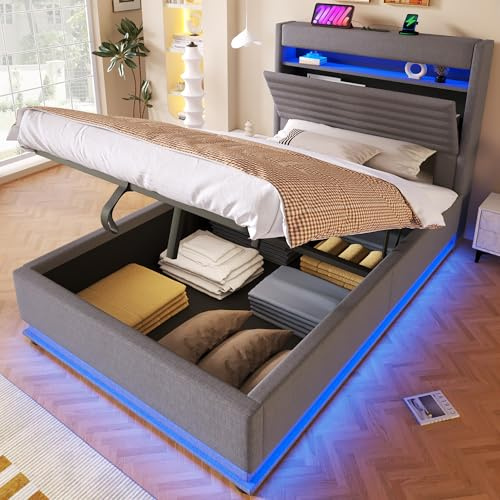 Ktipm Cama 90x200 cm Camas Juveniles con Carga USB y LED, Cama Tapizada Individual con Cabecero de Almacenamiento y Almacenaje Hidráulico, Camas Individuales Infantiles, Lino, Sin Colchón, Gris
