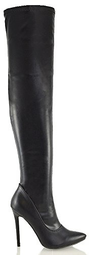 ESSEX GLAM Womens Over The Knee Thigh High Stiletto Heel Ladies Stretch Calf Boots Size 3-8 (UK 6 / EU 39 / US 8, Black Synthetic Leather)
