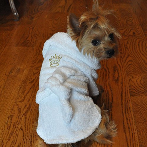 Doggie Design White 100% Cotton Turkish Terrycloth Cotton Dog Bathrobe with Embroidered Gold Crown