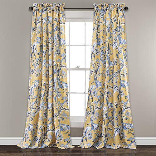 Lush Decor Dolores Light Filtering Window Panels, Pair, 52 W x 108 L, Yellow - Toile Curtains - Floral Bird Print - Grandmillennial & French Country Curtains - Cottage & Maximalist Home Decor