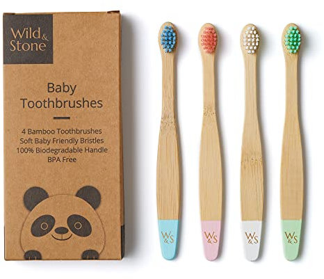 Wild & Stone | Bio-Baby-Bambus-Zahnbürste | 4 Stück | Weiche Faserborsten | 100% Biologisch Abbaubarer Griff | BPA-Frei | Vegane Umweltfreundliche Baby-Zahnbürsten (Mehrfarbig)