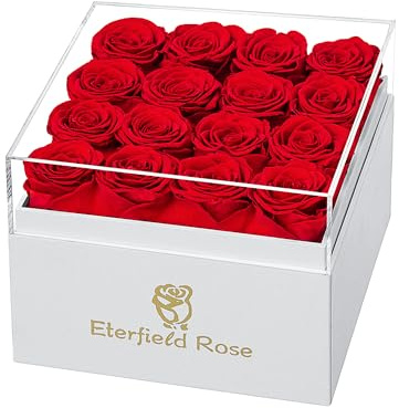 Eterfield Forever Flowers Preserved Roses Real Roses that Last Over a Year Rose Box Gifts for Her Mothers Day Valentines Day Christmas (Square White Box, 16 Red Roses)
