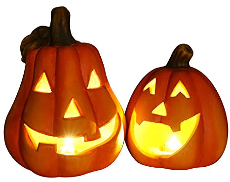 khevga Zucca Deco Ceramica: Lanterna Autunno Set di 2 Decorazione di Halloween Illuminata con LED