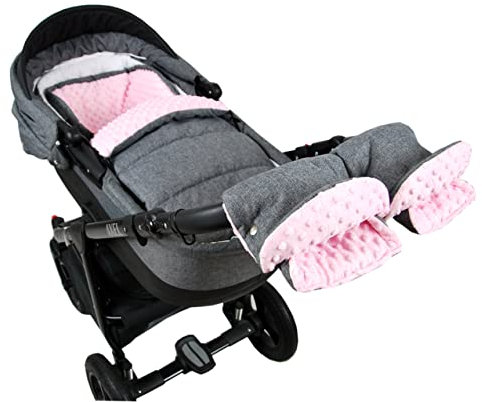BABYLUX Fußsack 90cm MINKY Kinderwagen Buggy Babyschale Thermo +/ Muff Handmuff Winterfußsack (Grau + Rosa mit Handmuff)
