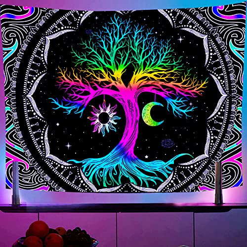 Hyakoz Motif Lune et Soleil Tenture Murales Arbre de vie Fluorescence Uv Tapisserie Psychédélique Mandala Arbre de vie Tapisserie, Decoration Chambre Tenture Murale pour Salon Dortoir Tapisseries