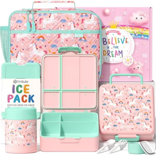 Fimibuke Kids Bento Snack Lunch Box with 4 Compartments, Insulated lunch Bag, Stainless Steel Thermos Food Jar, Ice Pack & Utensils, Unicorn Birthday Gift for Age 3-12 Back to School Toddler Girl Boy