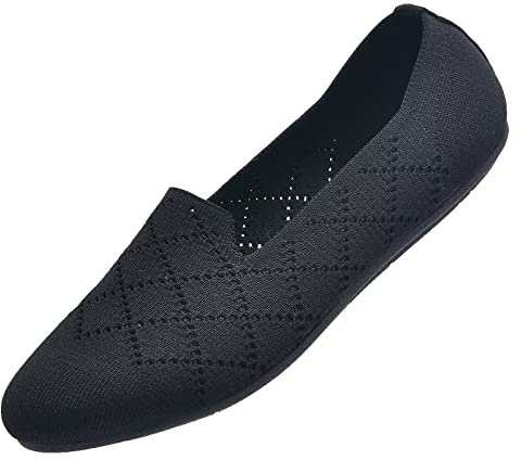 Puxowe Damen Ballerina Flache Schuhe Runde Zehe Strick Kleid Schuhe Niedriger Keil Slip On Ballerina Walking Flats für Frauen Bequem 38 EU Black