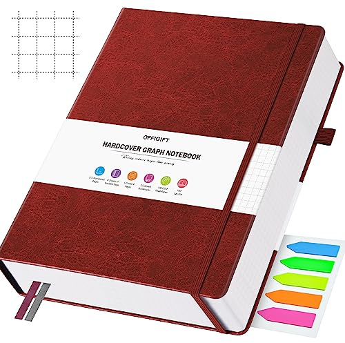 OFFIGIFT Diagram pappersanteckningsbok, 312 numrerade sidor B5 inbunden läderjournal, 100 gsm inget blödande rutnät papper anteckningsbok med indexsidor, rutnät anteckningsbok för grafnoter matematik,