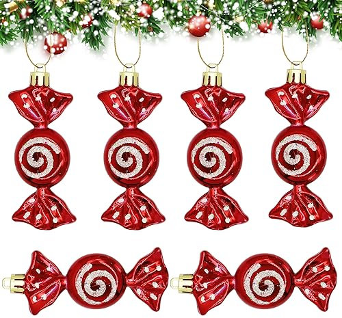 Christmas Candy Ornaments, 6 Pieces Christmas Tree Candy Hanging Decorations Red Glitter Candy Cane Ornament Sweet Shaped Baubles Hanging Pendants for Xmas Party Home Decor A7TGGJ (red)