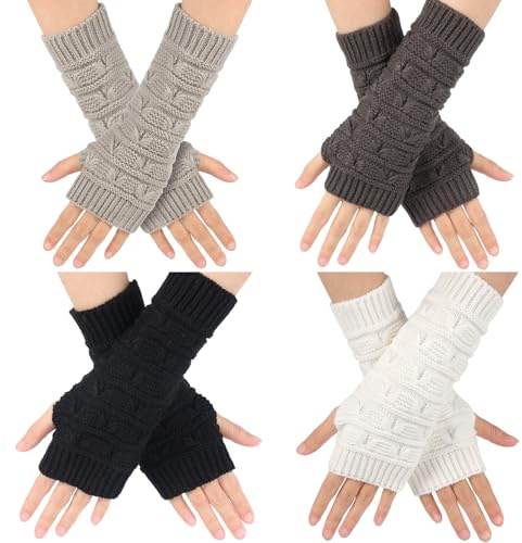 TAGVO 4 Pares Guantes sin Dedos Mujer Invierno, Manoplas de Punto Cálidos, Guantes Cortos de Invierno con Agujero para el Pulgar, Calentadores de Muñecas para Mujeres Niñas Regalos