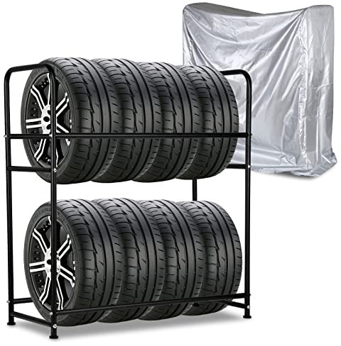 Ansobea Reifenregal 8 Reifen, Reifenständer 107 x 46 x 117cm,Felgenbaum für Autoreifen Ladekapazität 180kg,Felgenregal mit Reifenschutzhülle,Höhenverstellung Lagerregale für Reifen,für Garage Keller
