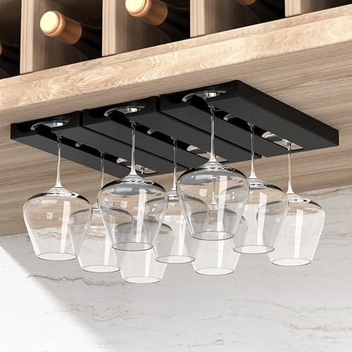 2 Pezzi Vino Bicchiere Rack，Porta bicchieri da vino da appendere, porta calici sottopensile，organizer per bicchieri bar，organizer calici，Autoadesivo,nessuna perforazione richiesta per cucina,bar(Nero）