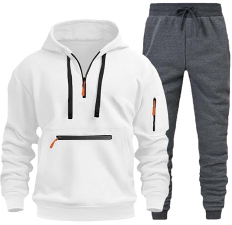 Sportanzug für Herren, Orange, Geschenk für Frühling und Herbst, Winter, langärmelig, Cord, einfarbig, Patch-Top, lässig, lockerer Anzug, schmaler Anzug, weiß, L