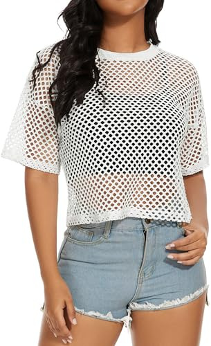 Mujer Fishnet Malla Tops Verano Transparente T Camiseta Manga Corta Blusa Sheer, Blanco, S