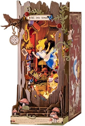Rolife Book Nook Kit Fall into Wonder DIY Miniature Kit, 9.9 Tree Hollow Booknook 3D Wooden Puzzle with LEDs Fairy Tale Bookshelf Decor Gift for Adults Women Men