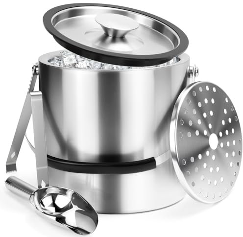 3L Seau avec Couvercle Seau a glacon Isotherme en Acier Inoxydable Bac à glaçons Double paroi Isolé avec Pelle à Glace, Pinces et passoire