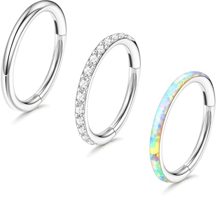 3pcs Nose Rings Hoops - 316L Surgical Steel Hinged Nose Hoops 16G/18G/20G CZ Clicker Septum Nose Ring Lip Helix Cartilage Hoop Earring Daith Rook Conch Body Piercing Jewelry for Women Men 8mm 10mm (Silver, 18 gauge(1.0mm)-8mm)