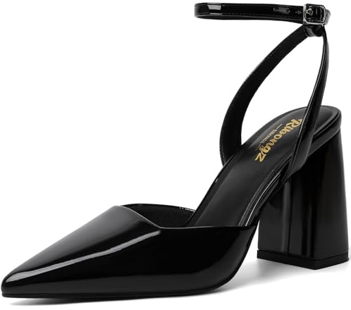 RIBONGZ Block Black Heels for Women Closed Pointed Toe Pumps Slingback Chunky High Heel Ankle Strap Heeled Patent Leather Comfort Dressy Shoes for Work Party Prom Wedding Bridal Dress Size 7