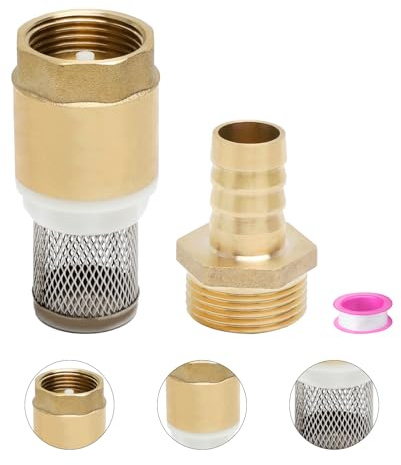 VOSSOT Rückschlagventil 3/4 Zoll Set – 3/4 Zoll Schlauchanschluss 16mm + Dichtung – Saugfilter Ventil mit 304 Edelstahl Filter & Teflonband,Schlauchverbinder 3/4 Zoll für Gartenpumpe, Wasserleitung