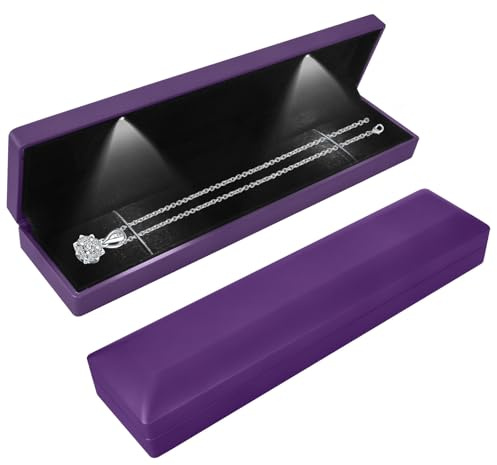 Boîte Cadeau de Luxe à LED, Boîte à Bijoux Longue Chaîne avec Éclairage LED, Velours Boîte de Rangement Bijoux, pour Collier Pendentif Bracelet, pour Fiançailles Mariage, 23 * 5.5 * 3.5cm, Violet