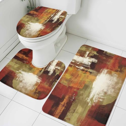 Alfombra De Baño De 3 Piezas Otoño Quemado Arte Moderno Verde Marrón Juego De Alfombrillas De Baño por Encargo Durable Alfombras De Cama, para Bathroom, Cocina, Dormitorio
