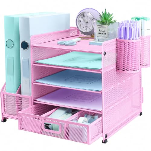 TSDRBWO Organisateur de bureau avec porte-documents et 2 porte-stylos, organisateur de bac à lettres en papier à 5 niveaux avec tiroir, rangement de bureau en maille avec porte-magazine pour