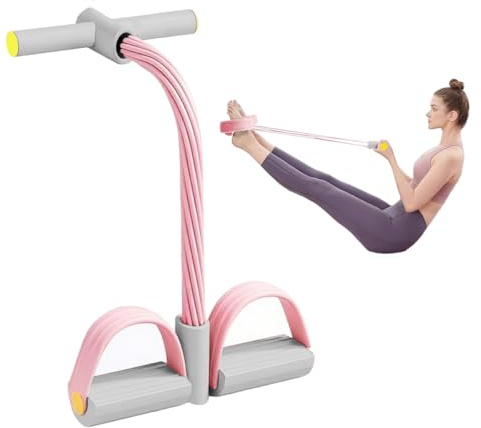 Garegce 6 Tubes Pedal Resistance Band,Sit Up Pull Rope,Abdominal Trainer with Foot Pedal,Full Body Home Workout Equipment for Abs,Legs,Arms,Elastic Band for Slimming,Strength Training-Ash-Pink