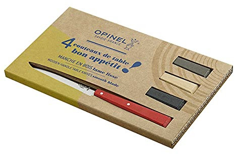 Opinel - Boîte de 4 Couteaux de Table N°125 Bon Appétit Loft - Lame Acier Inox - Manche Charme - Fabrication Française - Rouge, Noir, Bois Naturel et Poivre