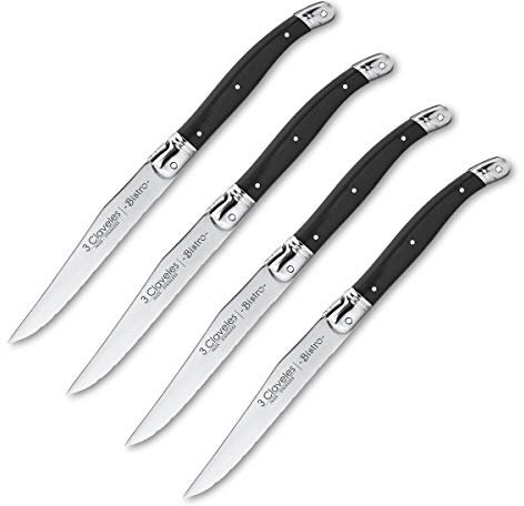 PracticDomus 3 Claveles - Juego de 4 Cuchillos Chuleteros en Acero Inoxidable Gama Bistro, Mango ABS con Diseño Ergonómico