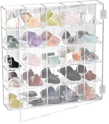 Ikee Design Mountable 25 Compartments Acrylic Display Case Cabinet Stand with Mirrored Back - Display Shelves for Collectibles, Gemstone and Figures, 10.7 W x 2 D x 10.5 H