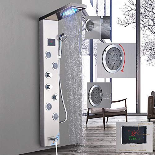LED Duschpaneel aus rostfreiem Edelstahl mit Temperaturanzeige und 4 Massagedüsen Farbe: Nickel gebürstet