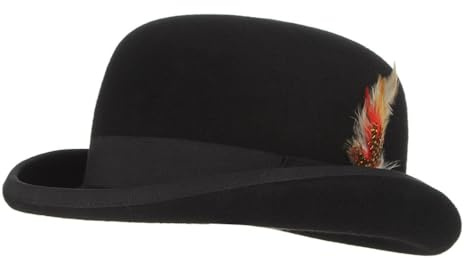 EOZY Mens 100% Wool Black Derby Hat with Removable Feather Satin Lined Roll Brim Bowler Hat