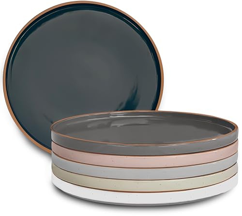 MORA Ceramic Flat Dinner Plates Set of 6, 10.5 in High Edge Dish Set - Microwave, Oven, and Dishwasher Safe, Scratch Resistant, Modern Dinnerware- Kitchen Porcelain Serving Dishes - Assorted Neutrals