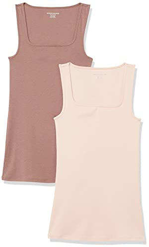Amazon Essentials Camiseta sin Mangas de Corte Ajustado con Cuello Cuadrado Mujer, Pack de 2, Beige Claro/Gris Topo Oscuro, M