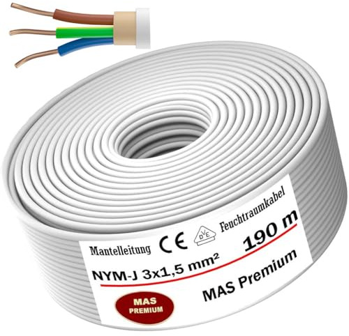 Cavo di alimentazione per ambienti umidi da 5 a 200 m, NYM-J 3 x 1,5 mm², cavo elettrico ad anello per installazione fissa, 190 m