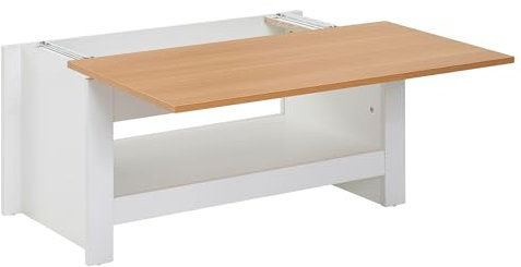 Wohnling Couchtisch Weiß/Eiche 85x47x45 cm Wohnzimmertisch mit Stauraum, Design Sofatisch mit Ablagefach Modern, Kaffeetisch Loungetisch Eckig