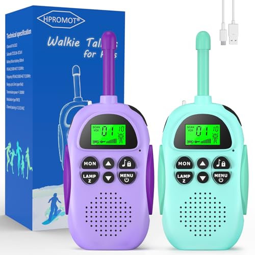 Walkie Talkie Kinder,HPROMOT 2 Pack Aufladbar Walkie Talkies, 16-Kanal Kinder Spielzeug für Jungen Mädchen, Abenteuer im Freien Outdoor Camping Wandern
