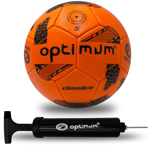 Optimum Fluro fotboll – perfekt för match, träning och fritid – hållbar, lätt och lämplig för alla väderförhållanden – ORANGE – storlek 5 – med pump
