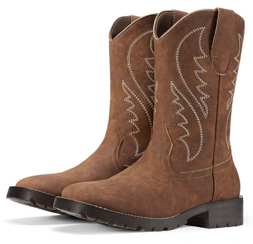 Rollda Cowboy Boots for Men Western Boots Men's Square Toe Chunky Heel Mid-Calf Boots Classic Embroidered Pull On Boots Brown Size 11