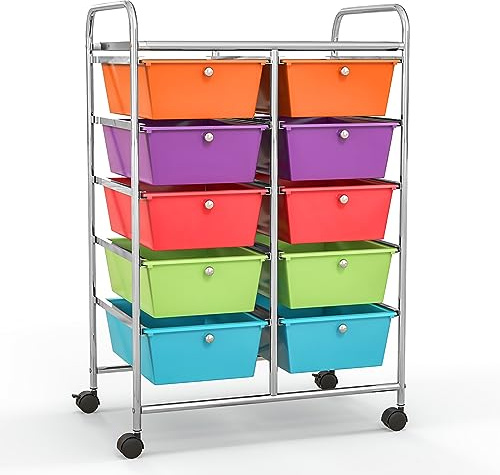 KOMFOTTEU Carro con 10 Cajones Apilable de Almacenaje, Carrito Auxiliar con Ruedas de Bloqueo, Carrito Organizador con Estructura Metálica, para Oficina, Baño, Salón (10 Cajones, Multicolor)