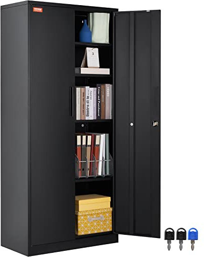 VEVOR 5-Stockiger Aktenschrank Beistellcontainer mit 2 Magnetischen Türen, 90,72 kg Belastbar pro Regal, Abschließbarer Lagerschrank, Metallschrank Bürokommode, für Büro, Zuhause usw. Schwarz