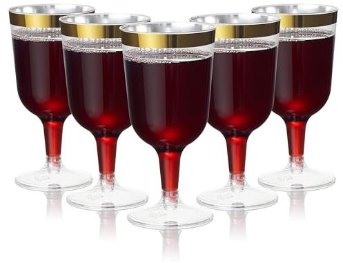 MATANA 24 Verres à Vin en Plastique avec Bord Doré, 170ml - Solides et Réutilisables - Gobelets pour Cocktails, Dessert - Parfaits pour Les Fêtes, Anniversaires, Mariages, Noël