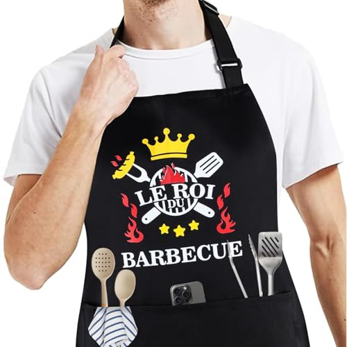 DASHUAIGE Tablier Barbecue pour Hommes Femmes, Tablier de Cuisine pour Les Boulangers, Tabliers de Boulanger de Cuisine Réglables Avec Poches pour Barbecue Fête, Fête des Pères (Le roi)