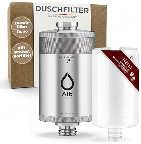 Alb Filter Duschfilter Nano Edelstahl Natur mit Vorfilter– Wasserfilter für Dusche & Bad – Schutz gegen Keim- und Bakterienbelastung im Wasser – Made in Germany