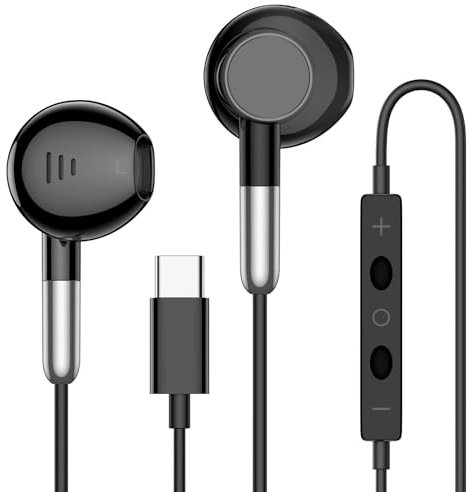 Auriculares USB-C para iPhone 15/16,Auriculares Intraurales con Cable Tipo C,Sonido Estéreo HiFi,Micrófono y Control de Volumen Compatibles con i-Pad Pro,Galaxy S24 Ultra/S23/S22,H-uawei,X-iaomi–Negro